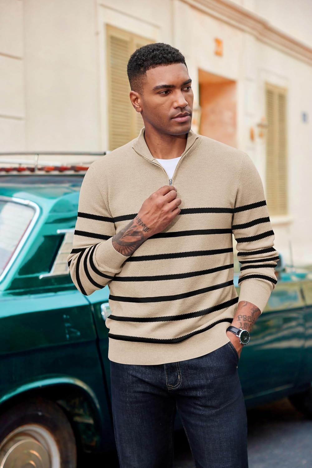 image:imageCOOFANDY Mens Quarter Zip Pullover Dress Regular Fit Mock Neck SweaterApricot Black Stripe