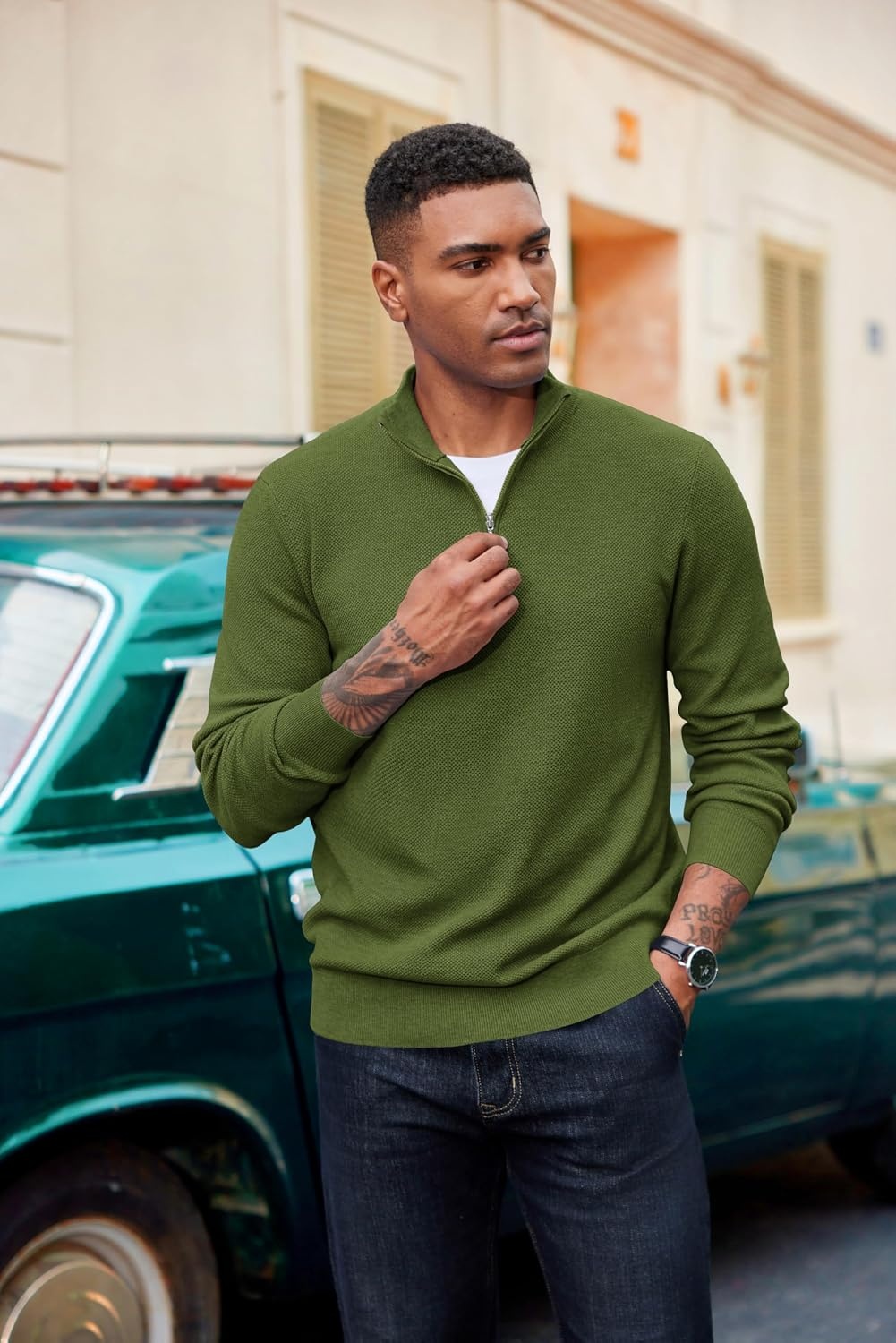 image:imageCOOFANDY Mens Quarter Zip Pullover Dress Regular Fit Mock Neck SweaterArmy Green