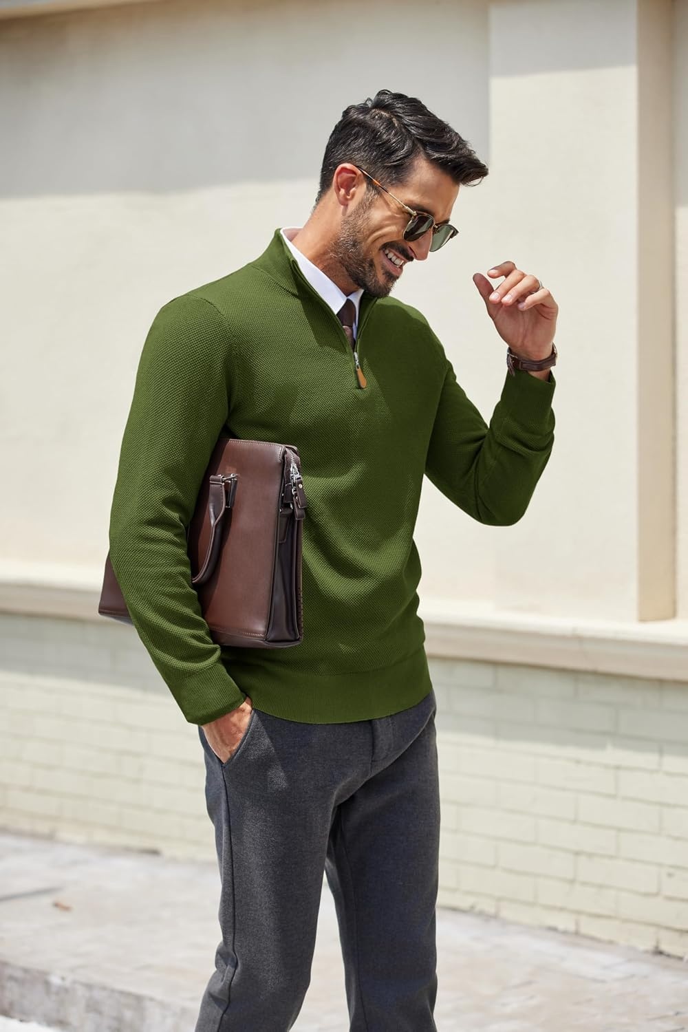 image:imageCOOFANDY Mens Quarter Zip Pullover Dress Regular Fit Mock Neck SweaterArmy Green