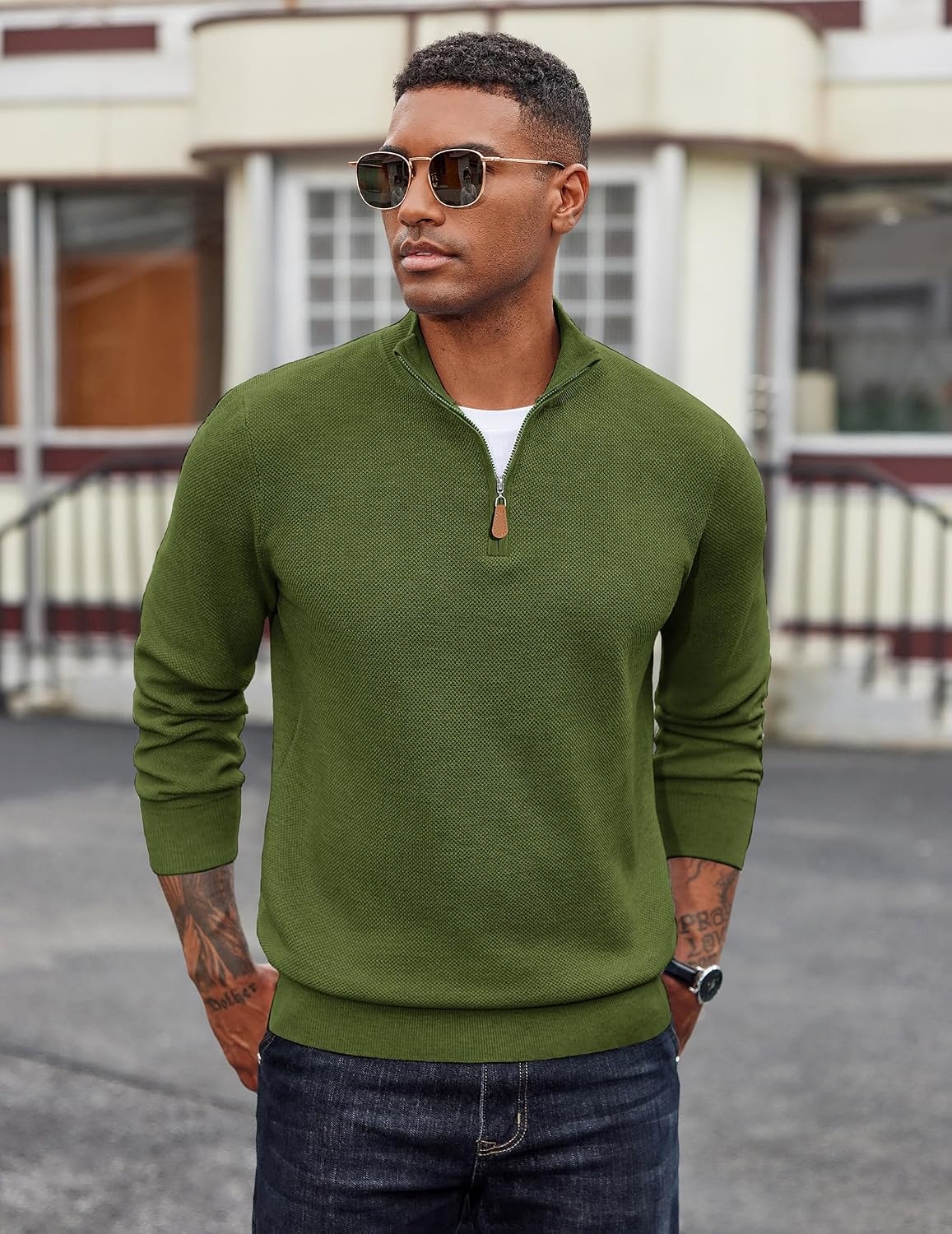 image:imageCOOFANDY Mens Quarter Zip Pullover Dress Regular Fit Mock Neck SweaterArmy Green