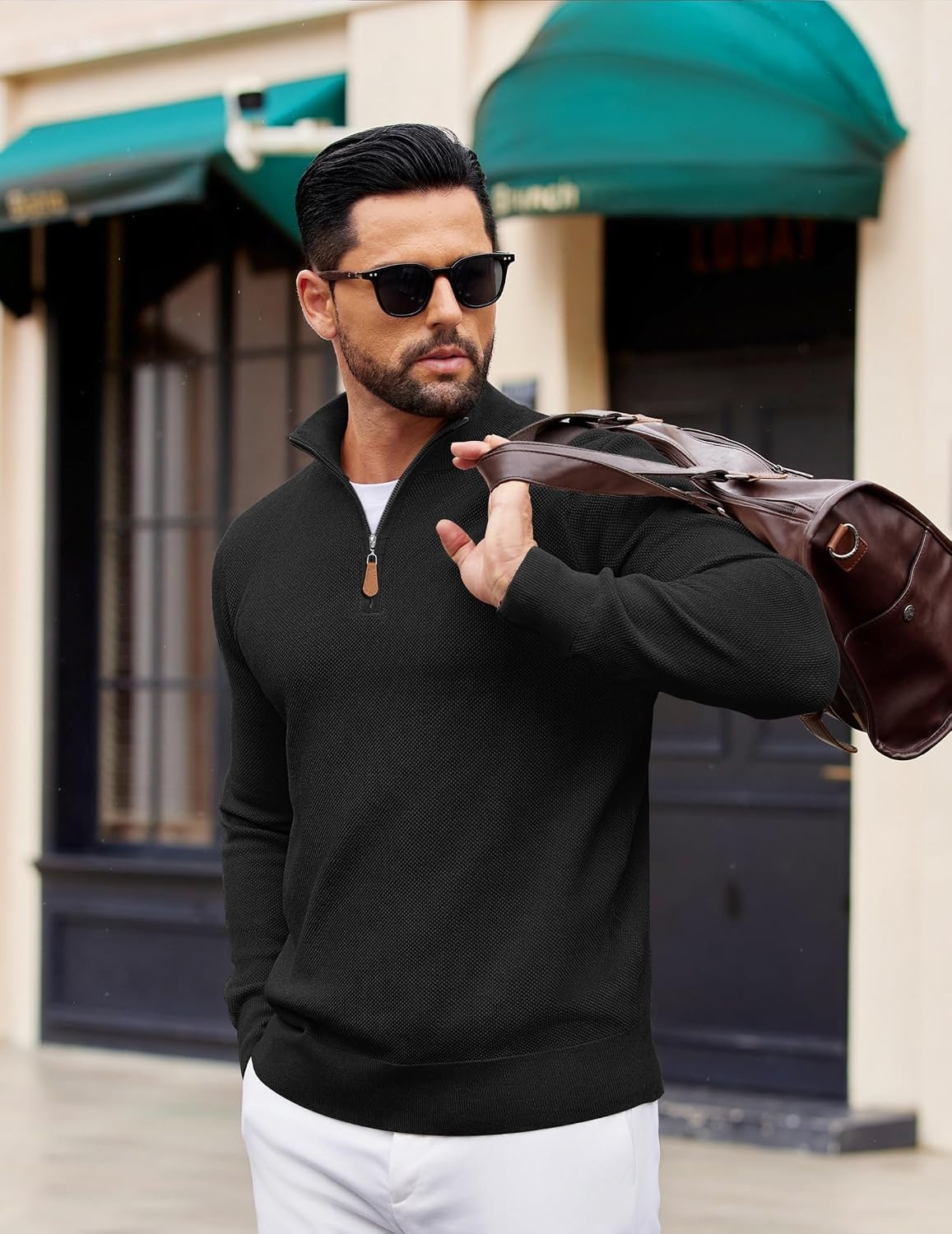 image:imageCOOFANDY Mens Quarter Zip Pullover Dress Regular Fit Mock Neck SweaterBlack