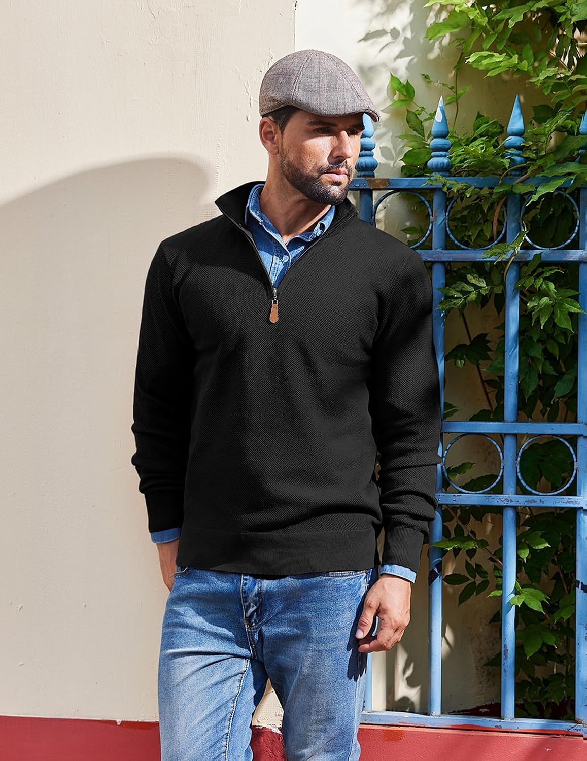 image:imageCOOFANDY Mens Quarter Zip Pullover Dress Regular Fit Mock Neck SweaterBlack