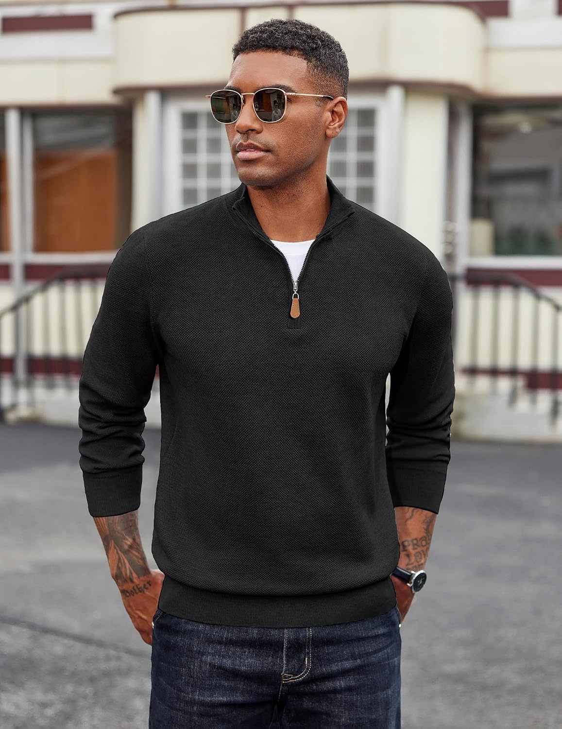 image:imageCOOFANDY Mens Quarter Zip Pullover Dress Regular Fit Mock Neck SweaterBlack