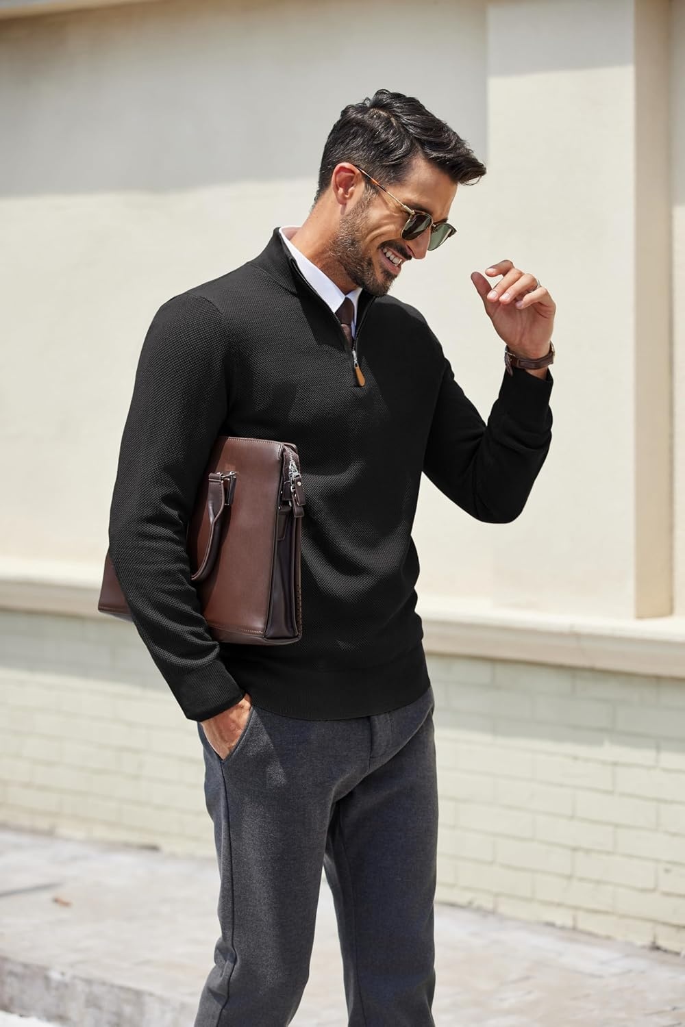 image:imageCOOFANDY Mens Quarter Zip Pullover Dress Regular Fit Mock Neck SweaterBlack