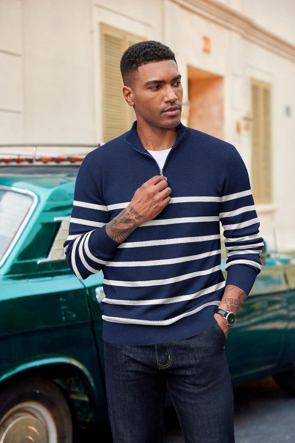 image:imageCOOFANDY Mens Quarter Zip Pullover Dress Regular Fit Mock Neck SweaterBlue White Stripe
