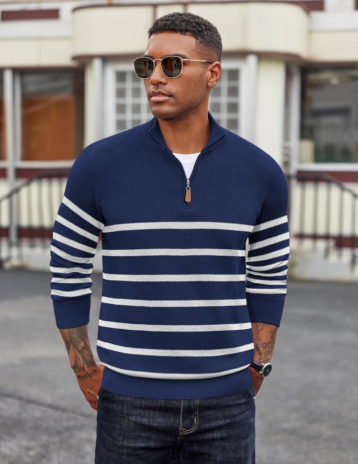 image:imageCOOFANDY Mens Quarter Zip Pullover Dress Regular Fit Mock Neck SweaterBlue White Stripe