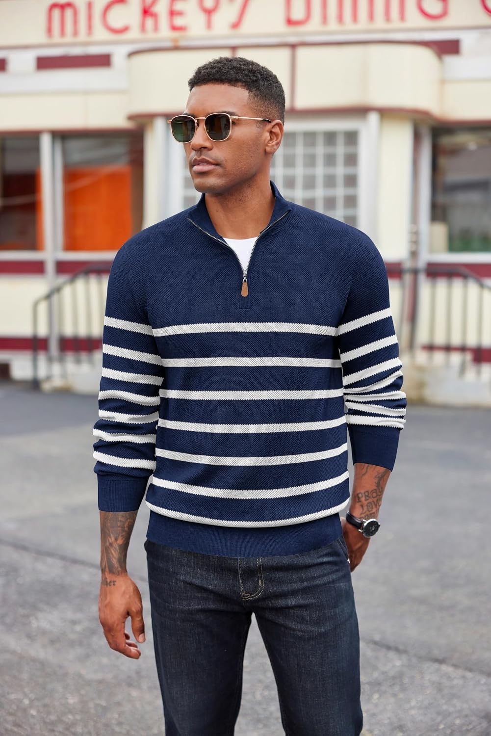 image:imageCOOFANDY Mens Quarter Zip Pullover Dress Regular Fit Mock Neck SweaterBlue White Stripe