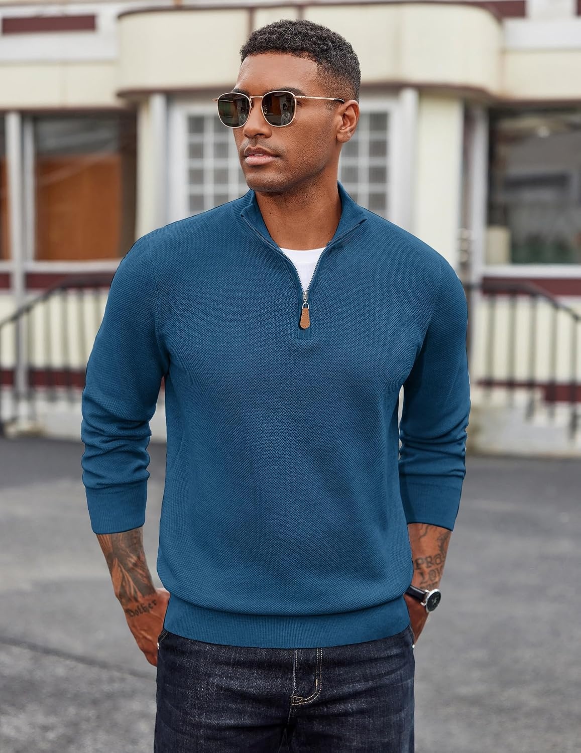 image:imageCOOFANDY Mens Quarter Zip Pullover Dress Regular Fit Mock Neck SweaterDark Blue