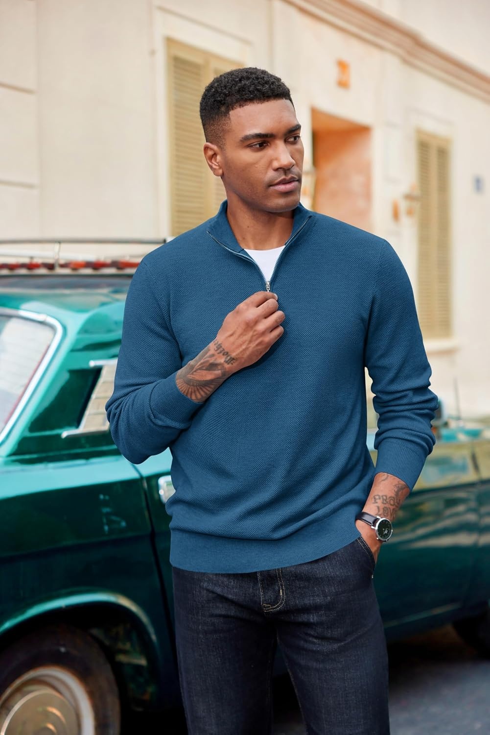 image:imageCOOFANDY Mens Quarter Zip Pullover Dress Regular Fit Mock Neck SweaterDark Blue