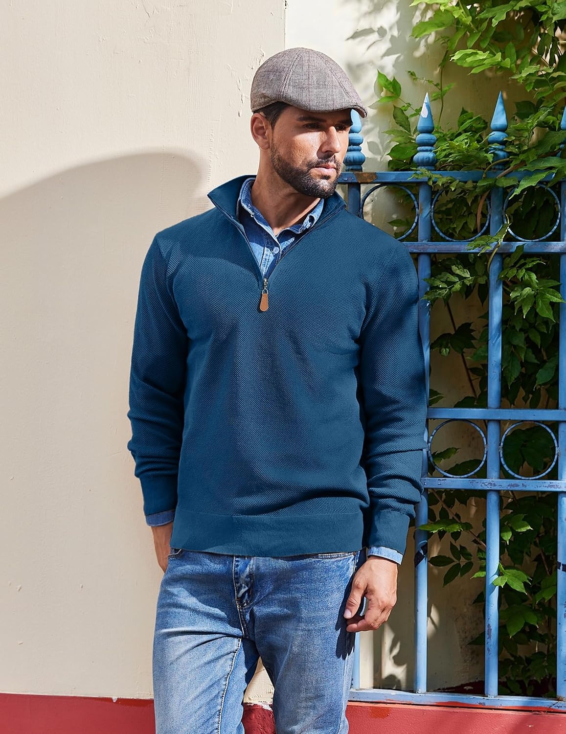 image:imageCOOFANDY Mens Quarter Zip Pullover Dress Regular Fit Mock Neck SweaterDark Blue