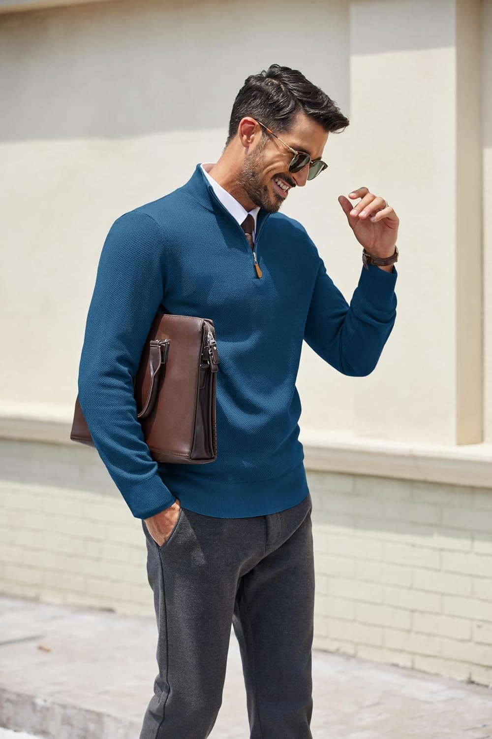 image:imageCOOFANDY Mens Quarter Zip Pullover Dress Regular Fit Mock Neck SweaterDark Blue