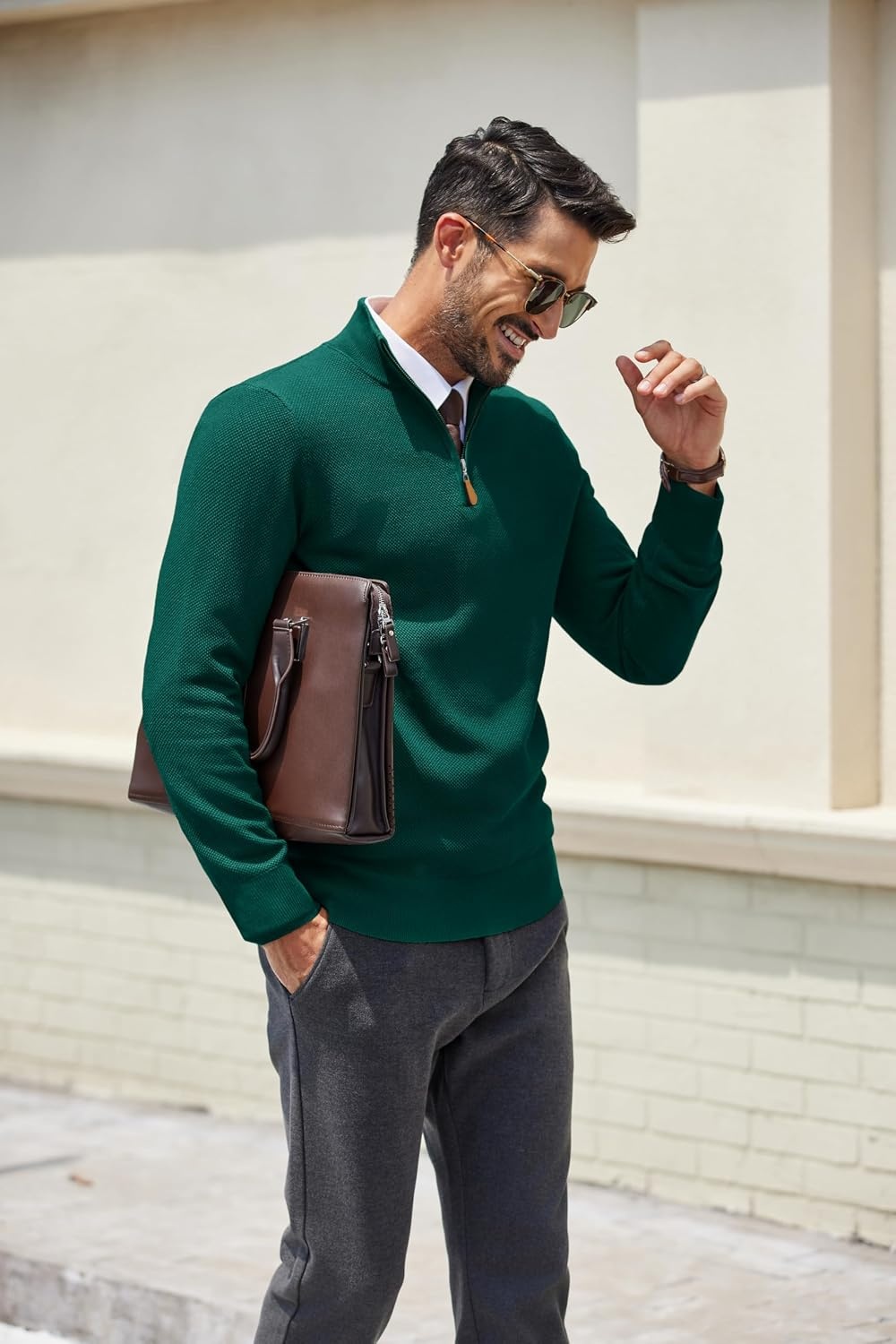 image:imageCOOFANDY Mens Quarter Zip Pullover Dress Regular Fit Mock Neck SweaterDark Green