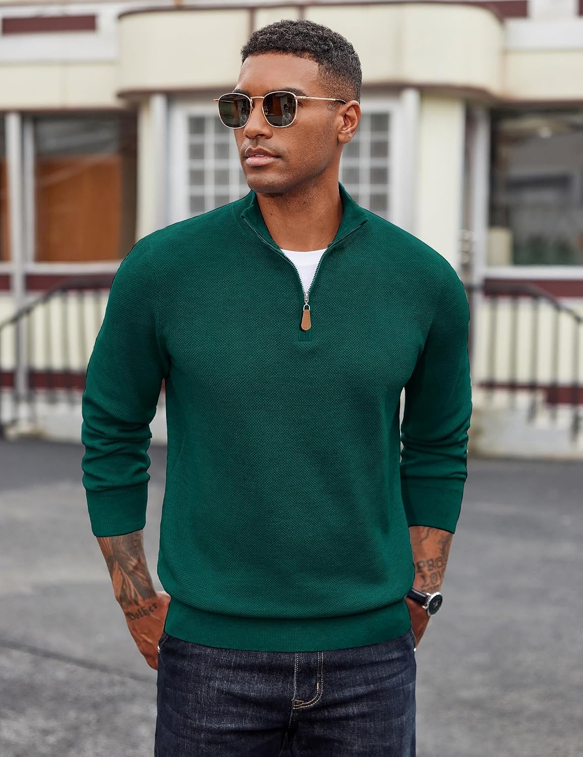 image:imageCOOFANDY Mens Quarter Zip Pullover Dress Regular Fit Mock Neck SweaterDark Green