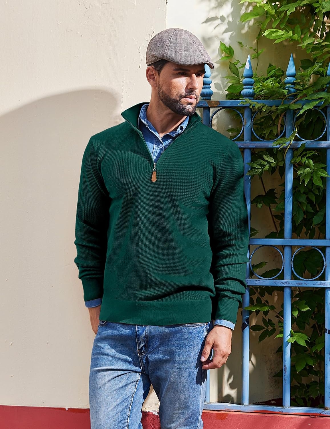 image:imageCOOFANDY Mens Quarter Zip Pullover Dress Regular Fit Mock Neck SweaterDark Green