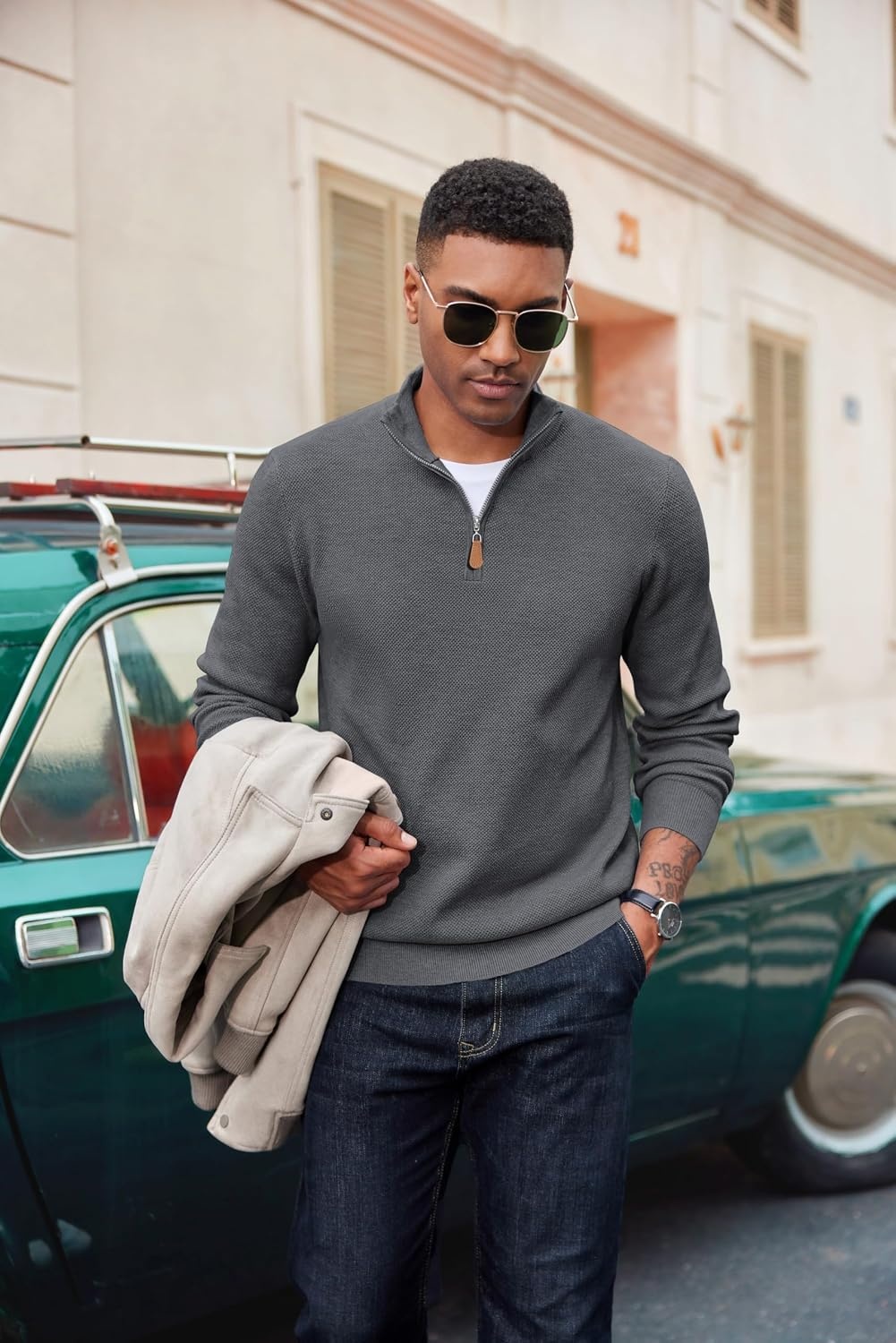 image:imageCOOFANDY Mens Quarter Zip Pullover Dress Regular Fit Mock Neck SweaterDark Grey