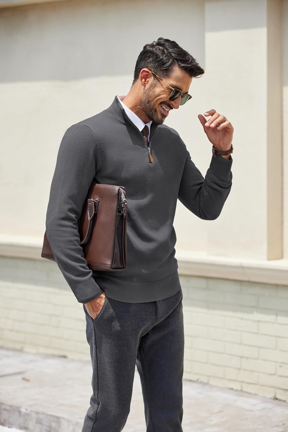 image:imageCOOFANDY Mens Quarter Zip Pullover Dress Regular Fit Mock Neck SweaterDark Grey