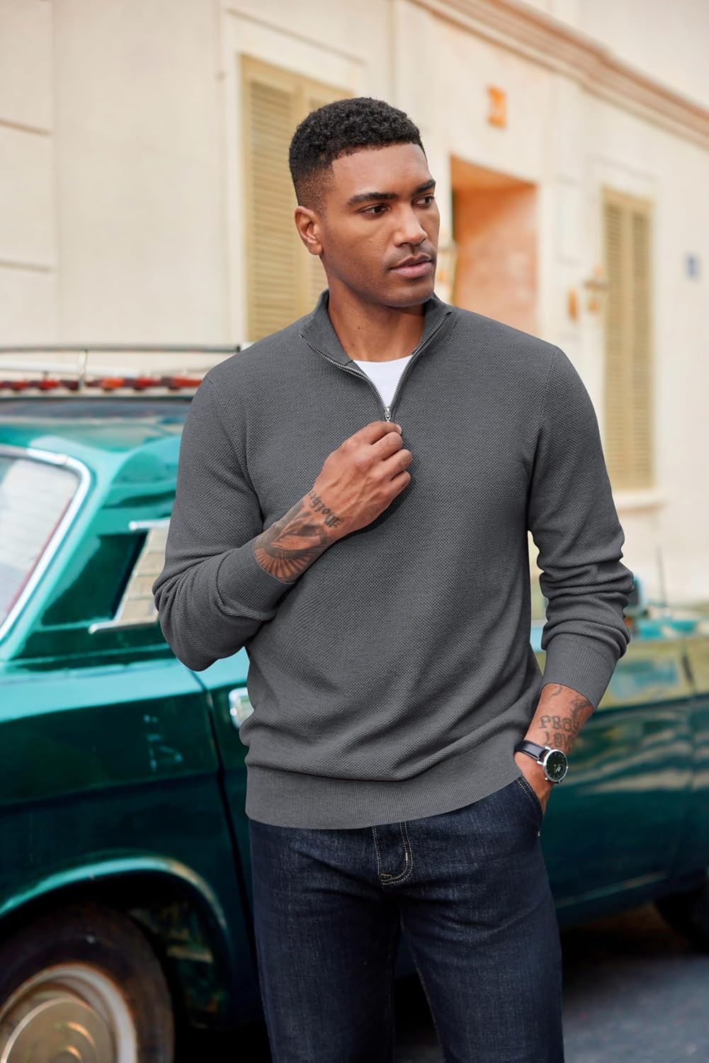 image:imageCOOFANDY Mens Quarter Zip Pullover Dress Regular Fit Mock Neck SweaterDark Grey