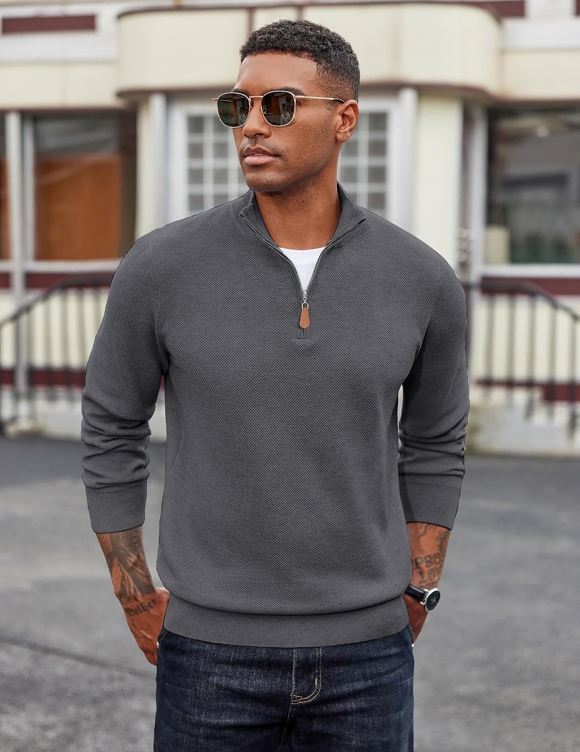 image:imageCOOFANDY Mens Quarter Zip Pullover Dress Regular Fit Mock Neck SweaterDark Grey