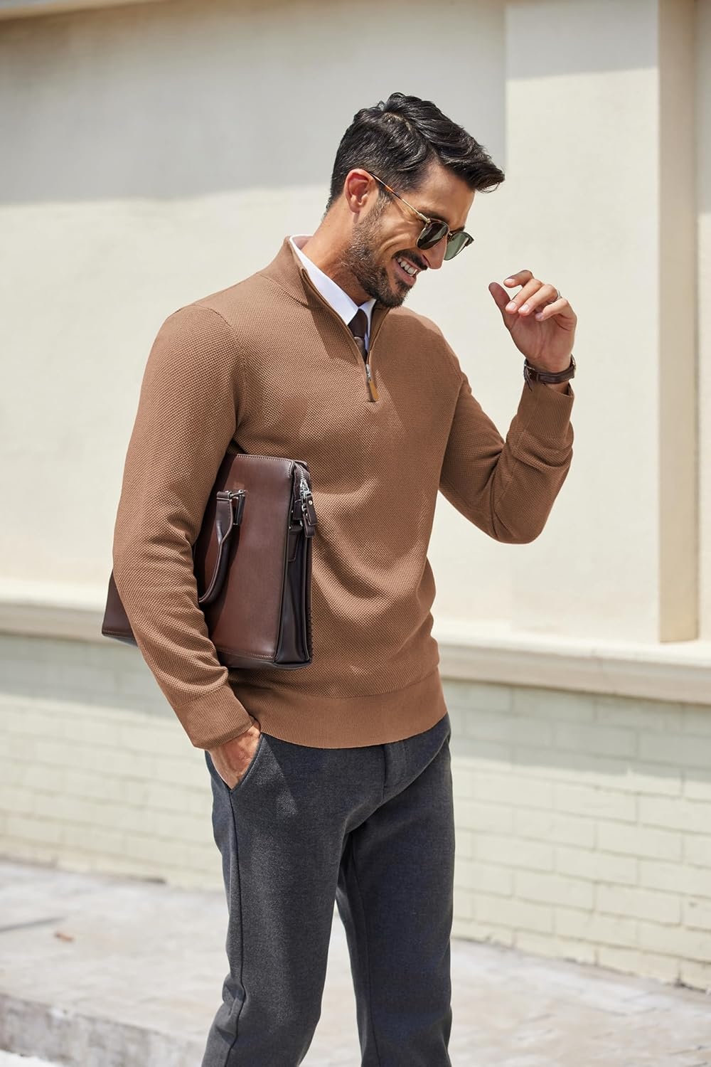 image:imageCOOFANDY Mens Quarter Zip Pullover Dress Regular Fit Mock Neck SweaterLight Brown