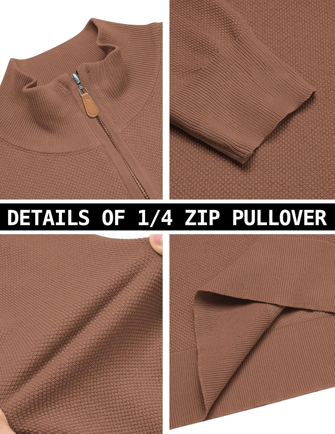 image:imageCOOFANDY Mens Quarter Zip Pullover Dress Regular Fit Mock Neck SweaterLight Brown