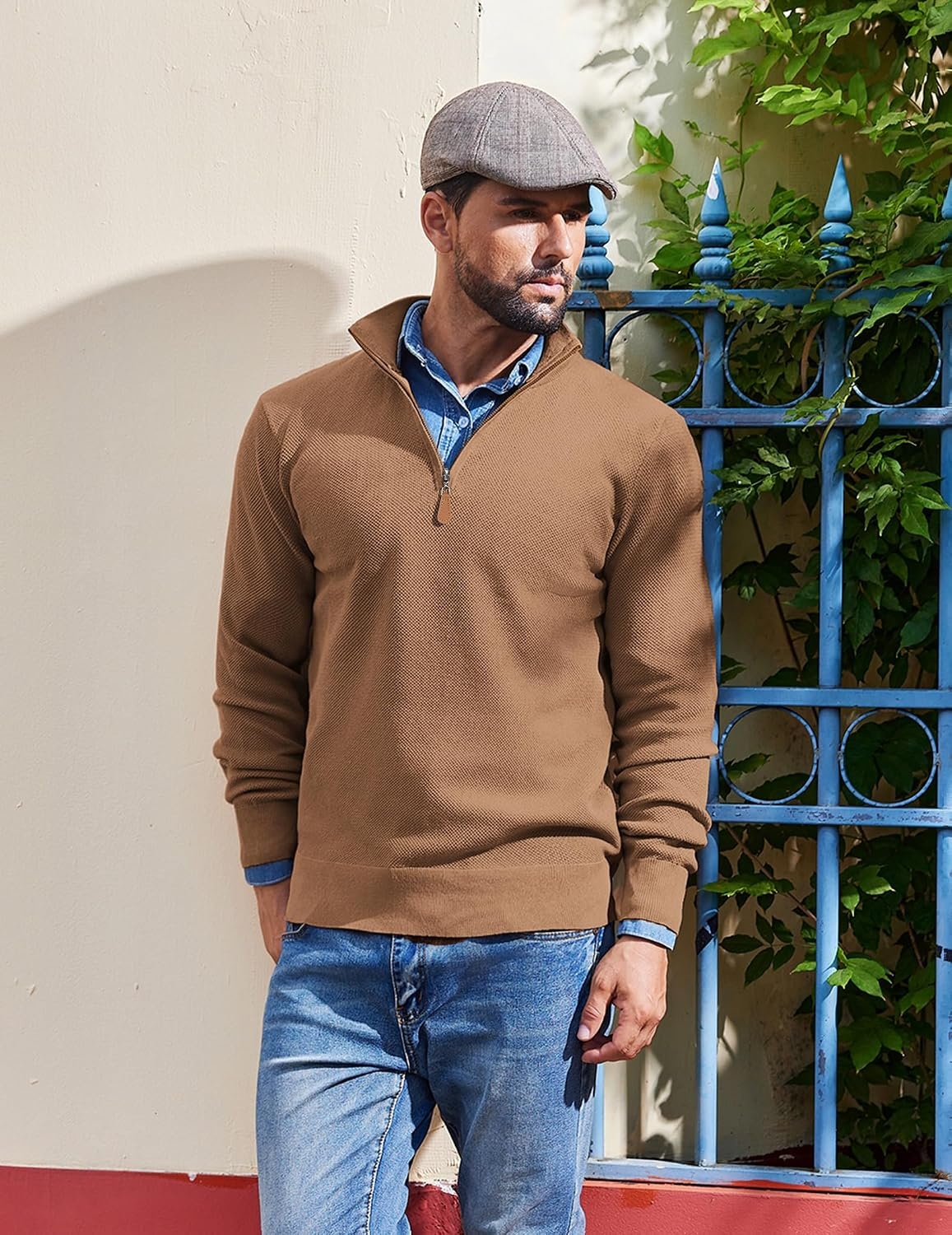 image:imageCOOFANDY Mens Quarter Zip Pullover Dress Regular Fit Mock Neck SweaterLight Brown