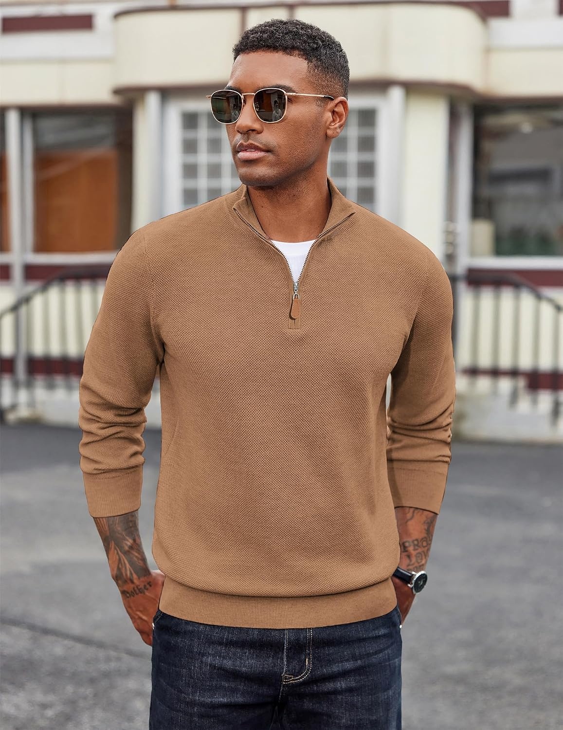 image:imageCOOFANDY Mens Quarter Zip Pullover Dress Regular Fit Mock Neck SweaterLight Brown