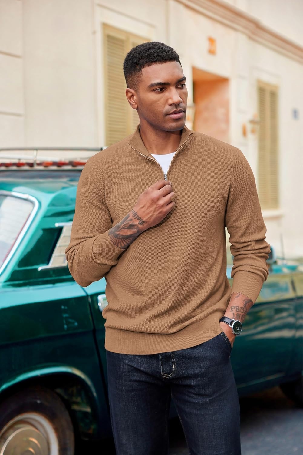 image:imageCOOFANDY Mens Quarter Zip Pullover Dress Regular Fit Mock Neck SweaterLight Brown