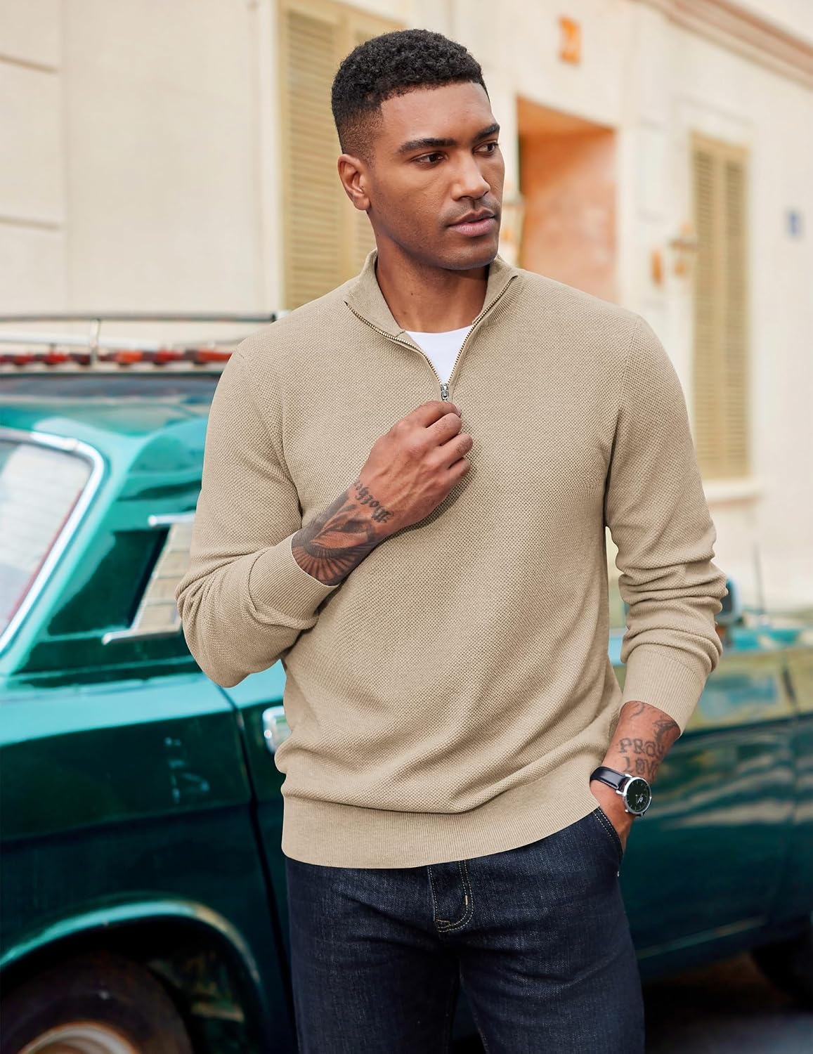 image:imageCOOFANDY Mens Quarter Zip Pullover Dress Regular Fit Mock Neck SweaterLight Khaki