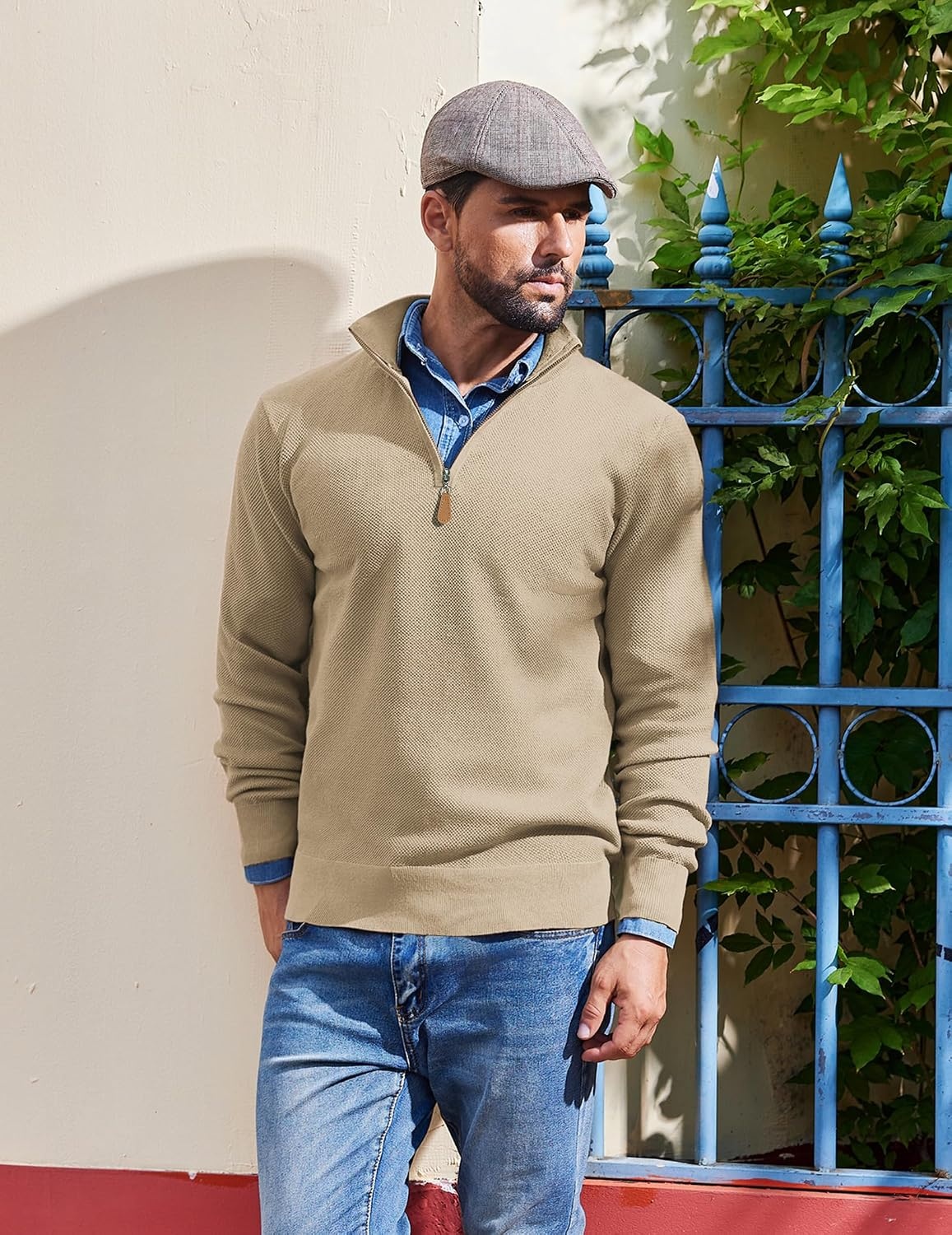 image:imageCOOFANDY Mens Quarter Zip Pullover Dress Regular Fit Mock Neck SweaterLight Khaki