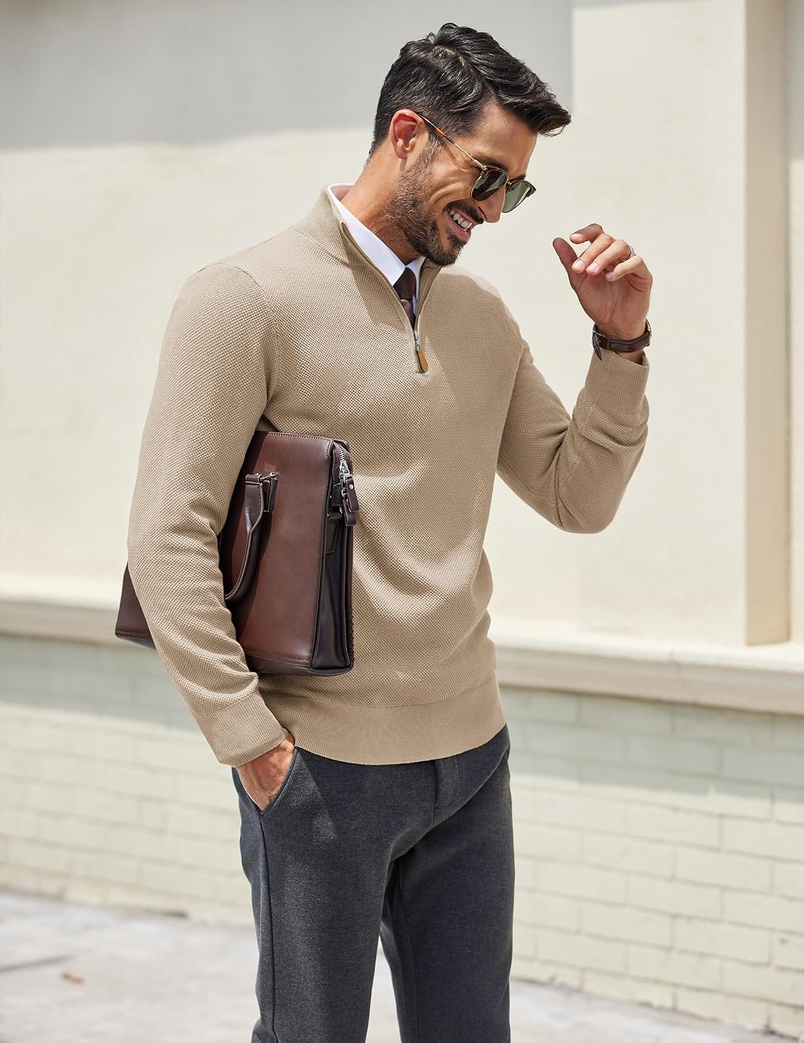 image:imageCOOFANDY Mens Quarter Zip Pullover Dress Regular Fit Mock Neck SweaterLight Khaki