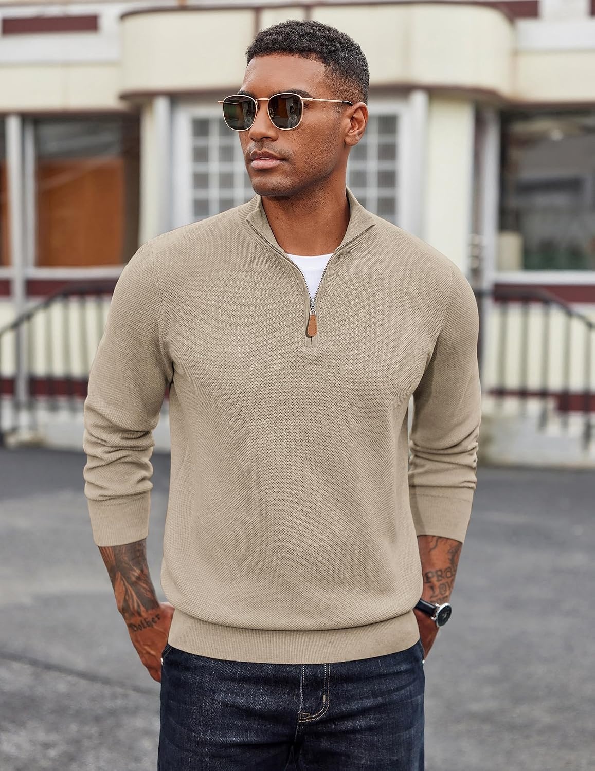 image:imageCOOFANDY Mens Quarter Zip Pullover Dress Regular Fit Mock Neck SweaterLight Khaki