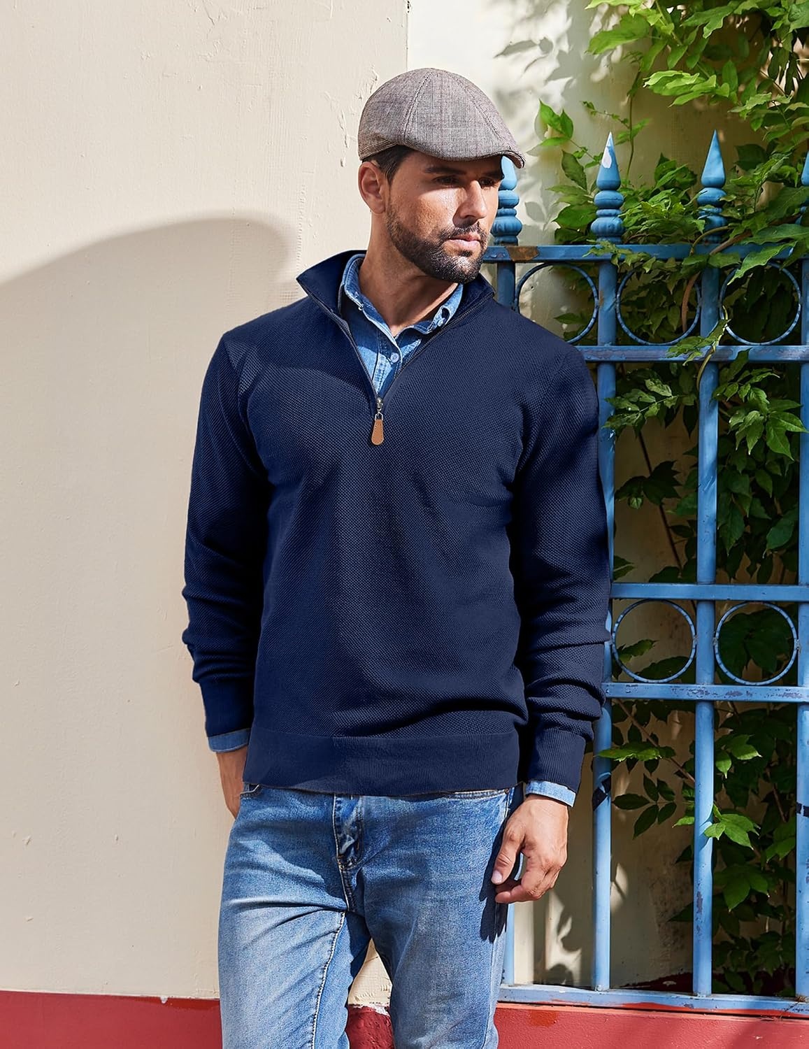 image:imageCOOFANDY Mens Quarter Zip Pullover Dress Regular Fit Mock Neck SweaterNavy Blue