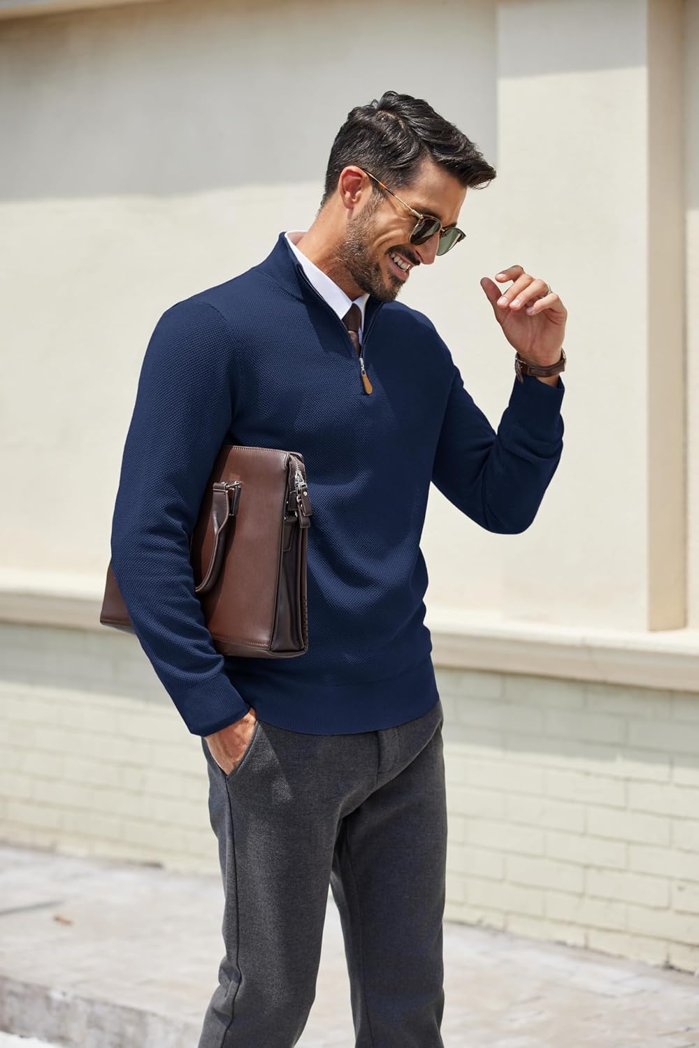 image:imageCOOFANDY Mens Quarter Zip Pullover Dress Regular Fit Mock Neck SweaterNavy Blue