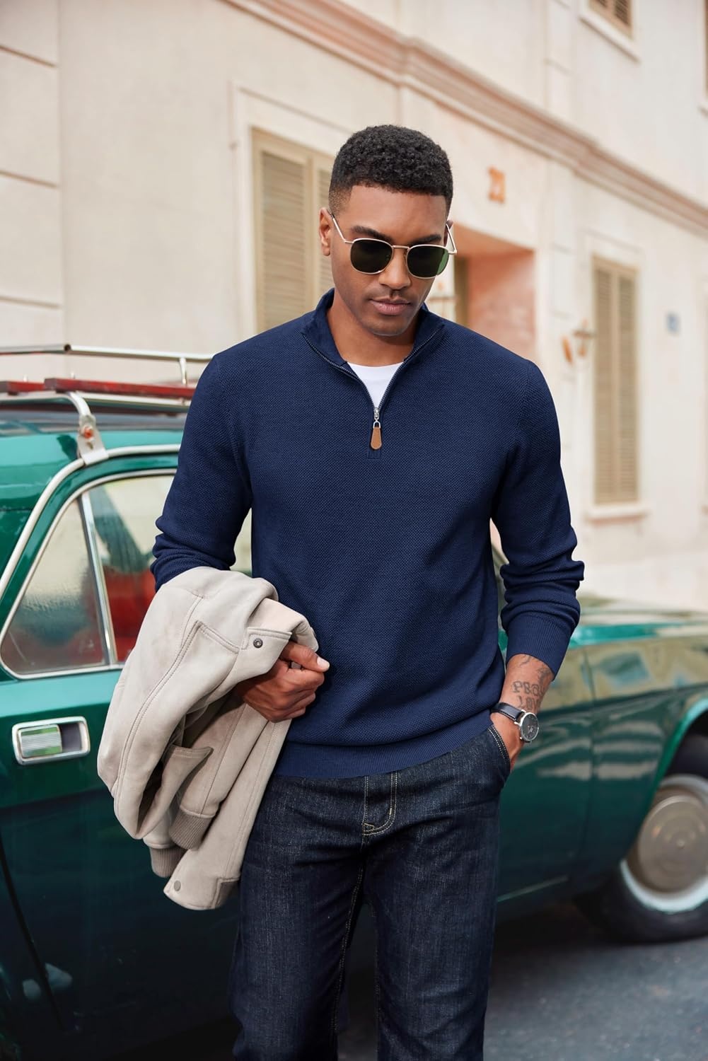 image:imageCOOFANDY Mens Quarter Zip Pullover Dress Regular Fit Mock Neck SweaterNavy Blue