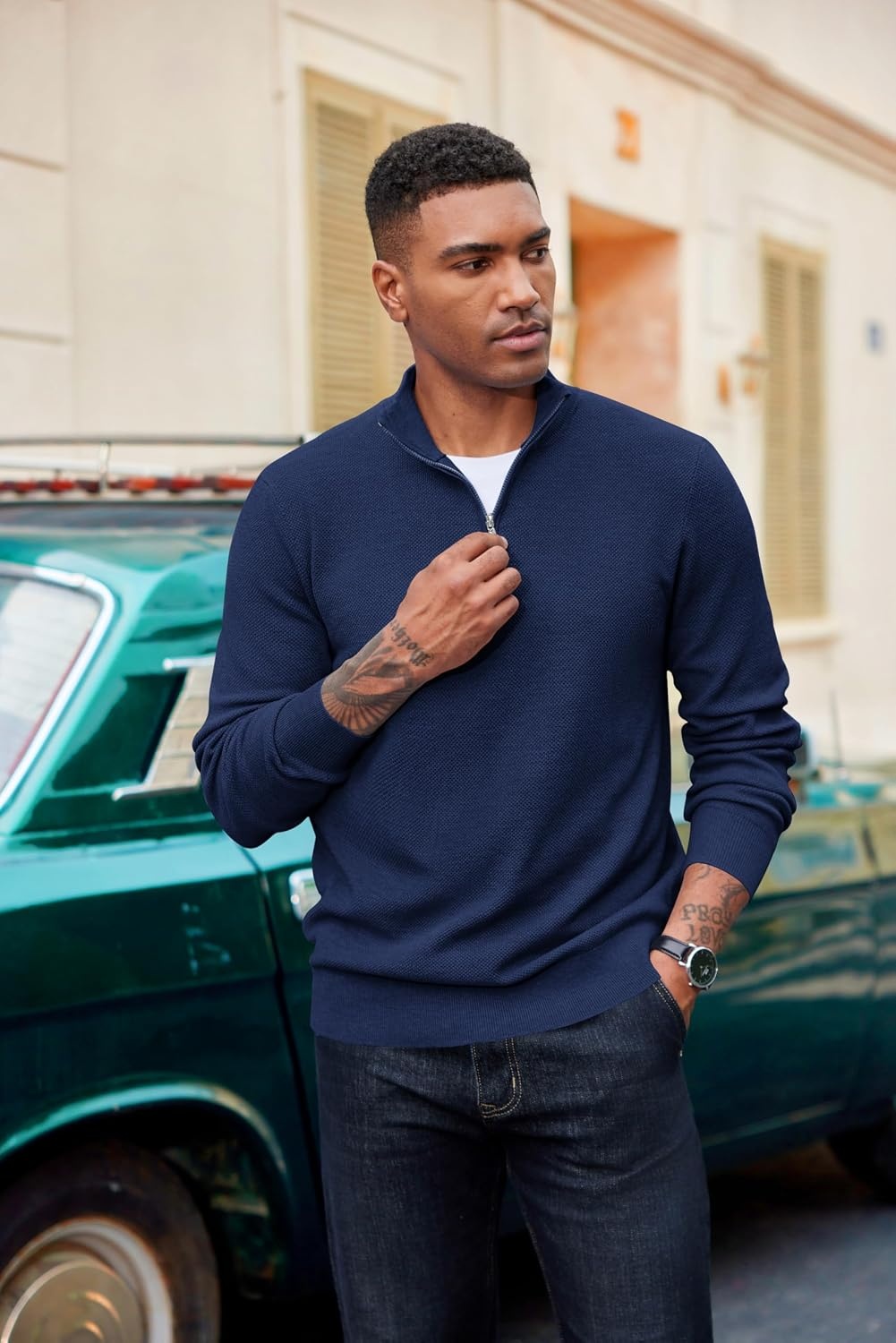 image:imageCOOFANDY Mens Quarter Zip Pullover Dress Regular Fit Mock Neck SweaterNavy Blue