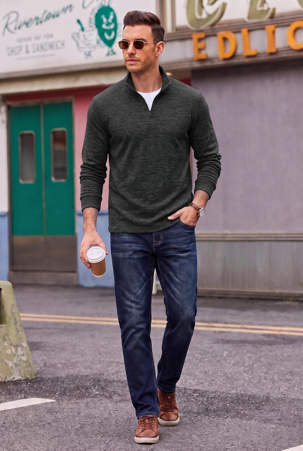image:imageCOOFANDY Mens Quarter Zip Pullover Sweater Regular Fit Fleece SweatshirtDark Grey