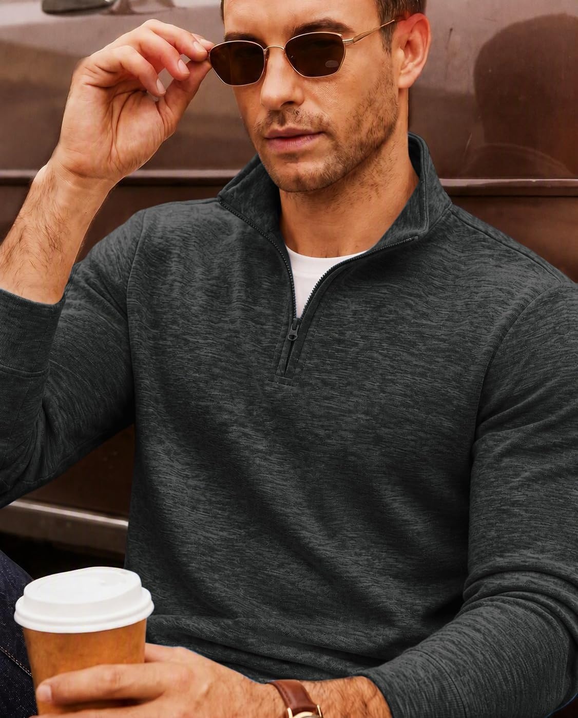 image:imageCOOFANDY Mens Quarter Zip Pullover Sweater Regular Fit Fleece SweatshirtDark Grey