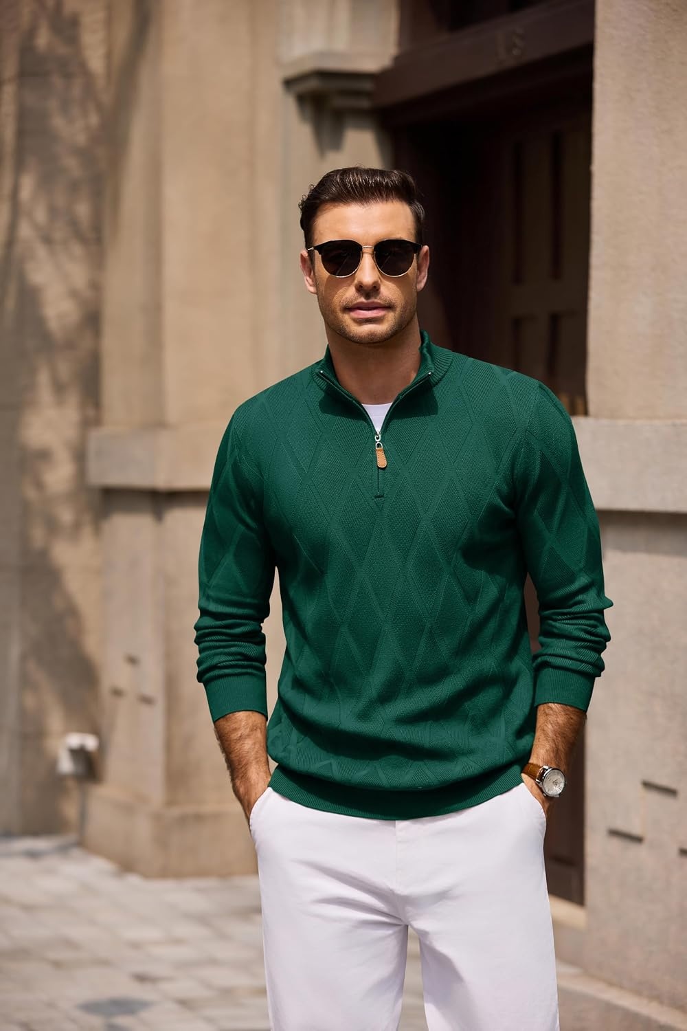 image:imageCOOFANDY Mens Quarter Zip Pullover Sweater Stretch Knit Checked SweaterBright Green