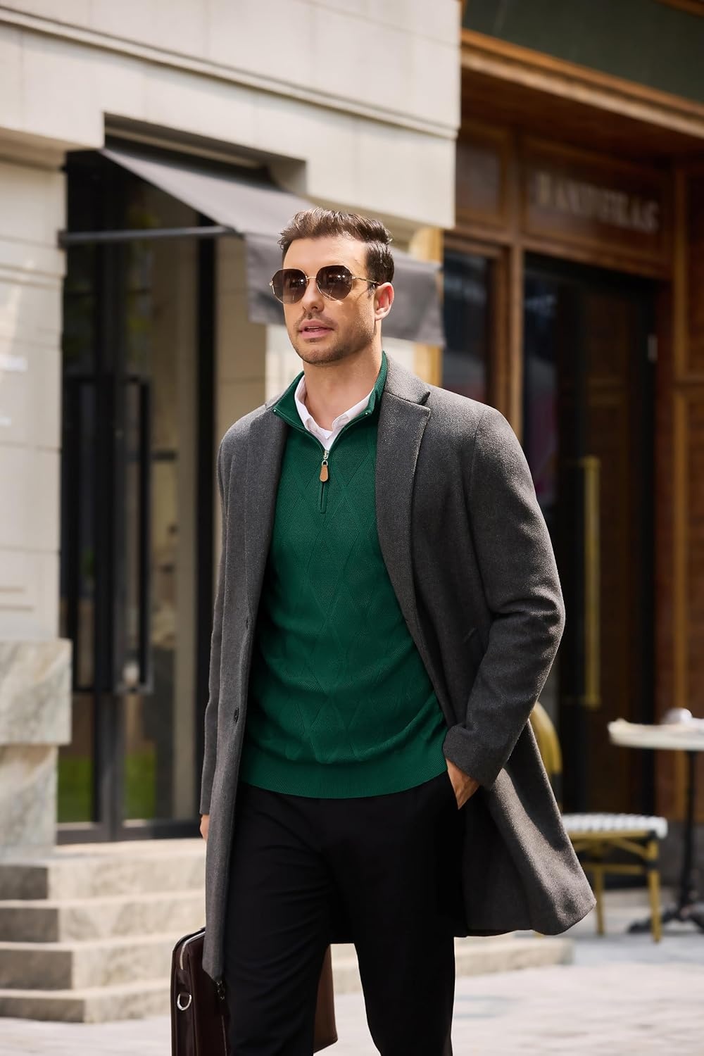 image:imageCOOFANDY Mens Quarter Zip Pullover Sweater Stretch Knit Checked SweaterBright Green