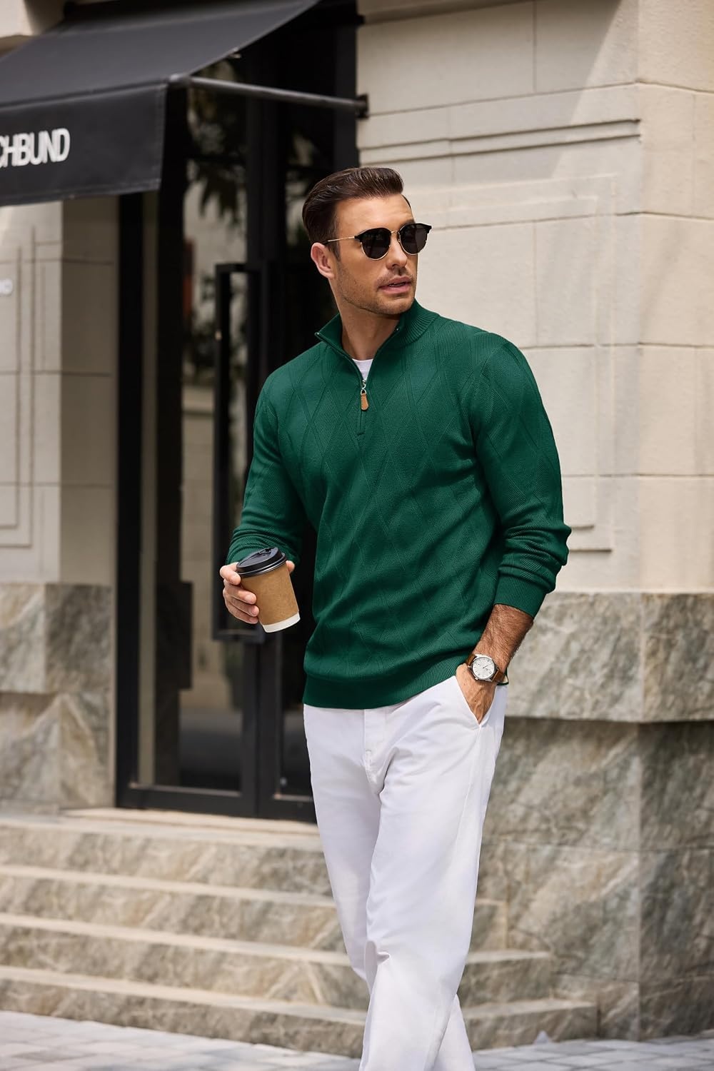 image:imageCOOFANDY Mens Quarter Zip Pullover Sweater Stretch Knit Checked SweaterBright Green