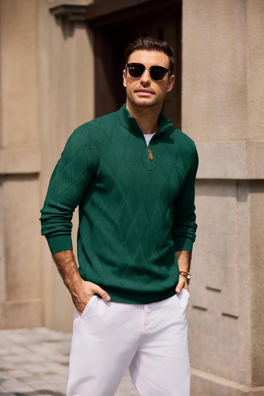 image:imageCOOFANDY Mens Quarter Zip Pullover Sweater Stretch Knit Checked SweaterBright Green