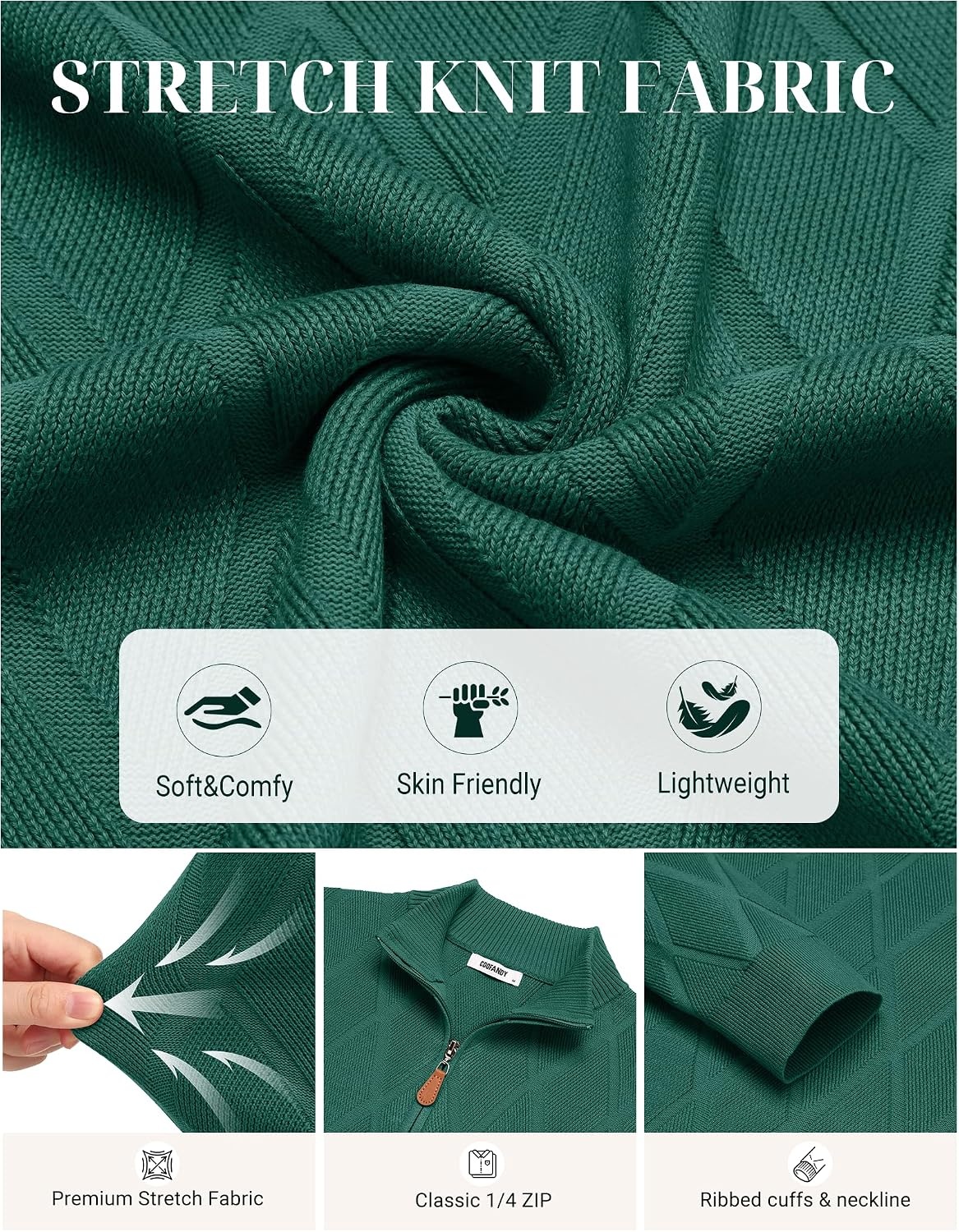image:imageCOOFANDY Mens Quarter Zip Pullover Sweater Stretch Knit Checked SweaterBright Green