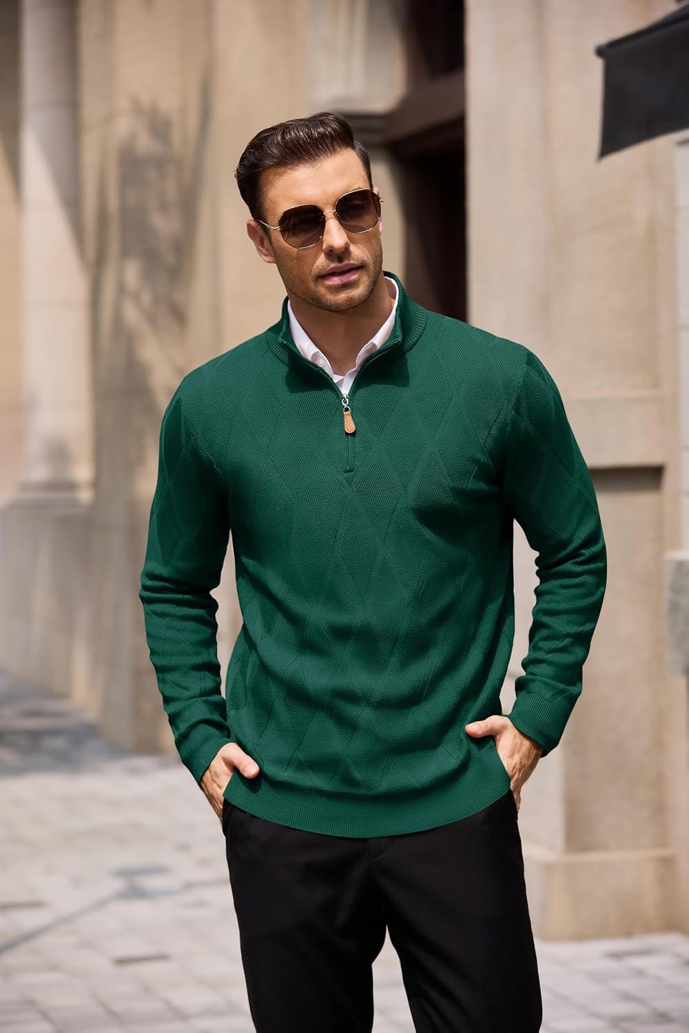 image:imageCOOFANDY Mens Quarter Zip Pullover Sweater Stretch Knit Checked SweaterBright Green