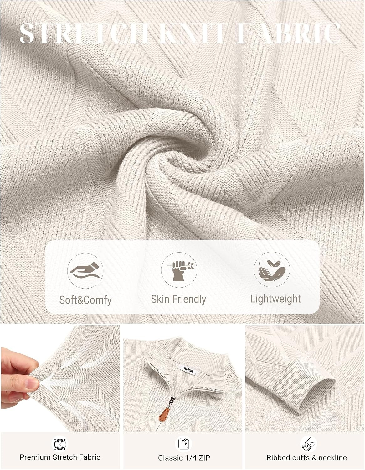 image:imageCOOFANDY Mens Quarter Zip Pullover Sweater Stretch Knit Checked SweaterLight Khaki
