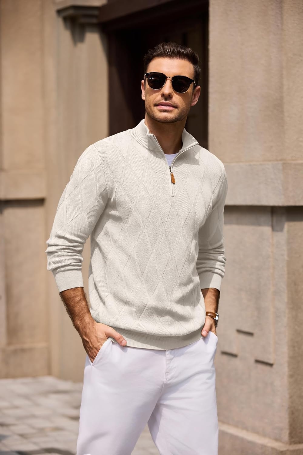 image:imageCOOFANDY Mens Quarter Zip Pullover Sweater Stretch Knit Checked SweaterLight Khaki