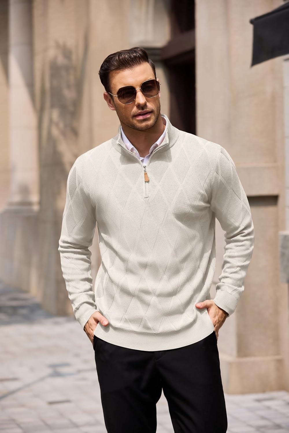 image:imageCOOFANDY Mens Quarter Zip Pullover Sweater Stretch Knit Checked SweaterLight Khaki