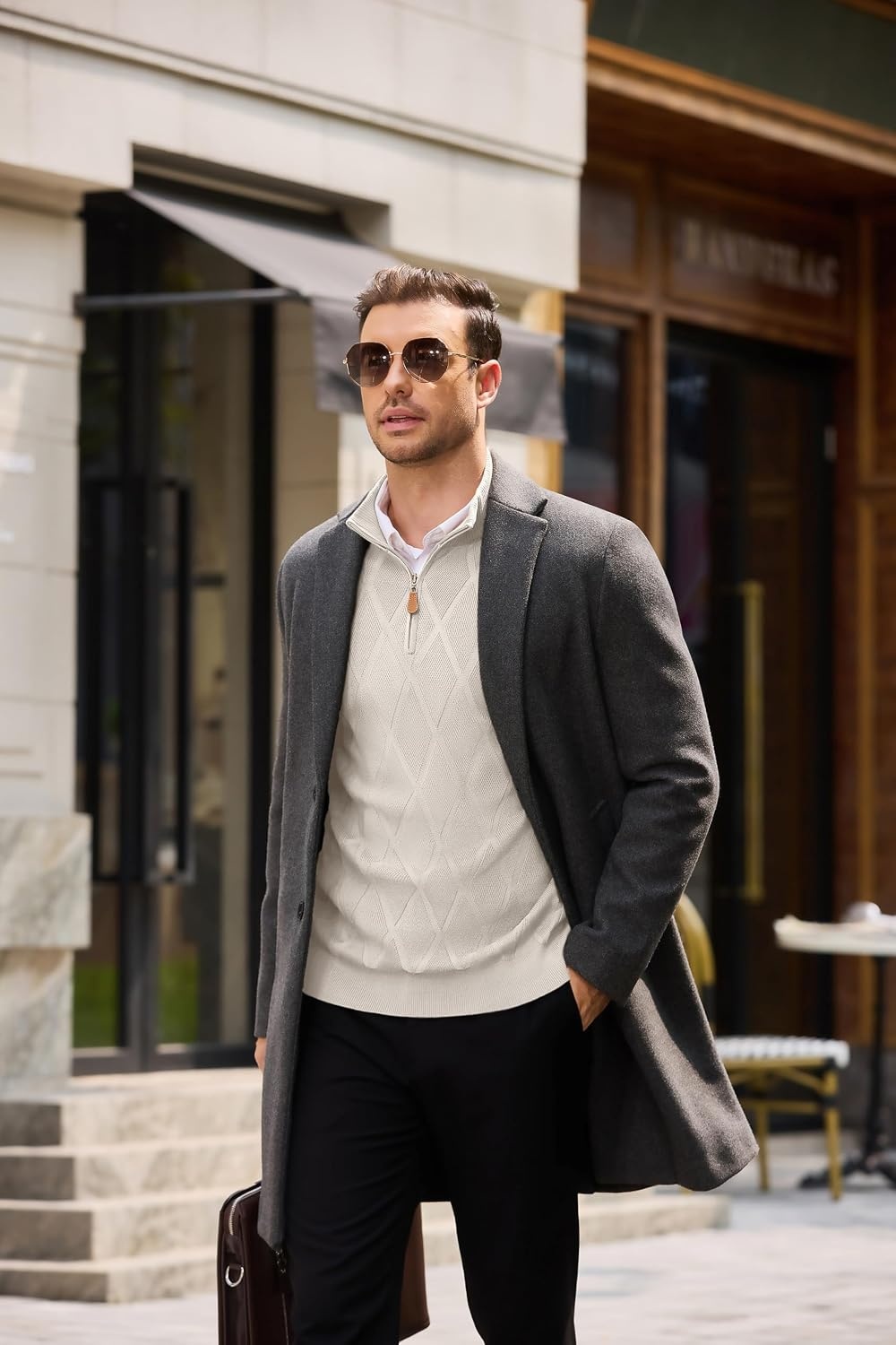 image:imageCOOFANDY Mens Quarter Zip Pullover Sweater Stretch Knit Checked SweaterLight Khaki