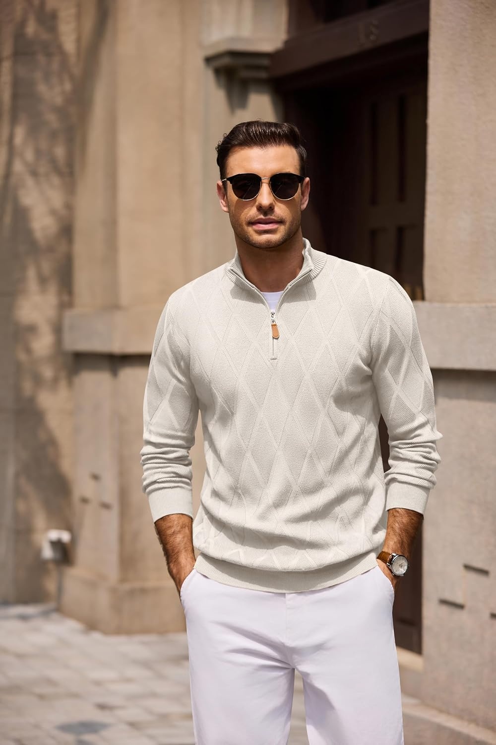 image:imageCOOFANDY Mens Quarter Zip Pullover Sweater Stretch Knit Checked SweaterLight Khaki