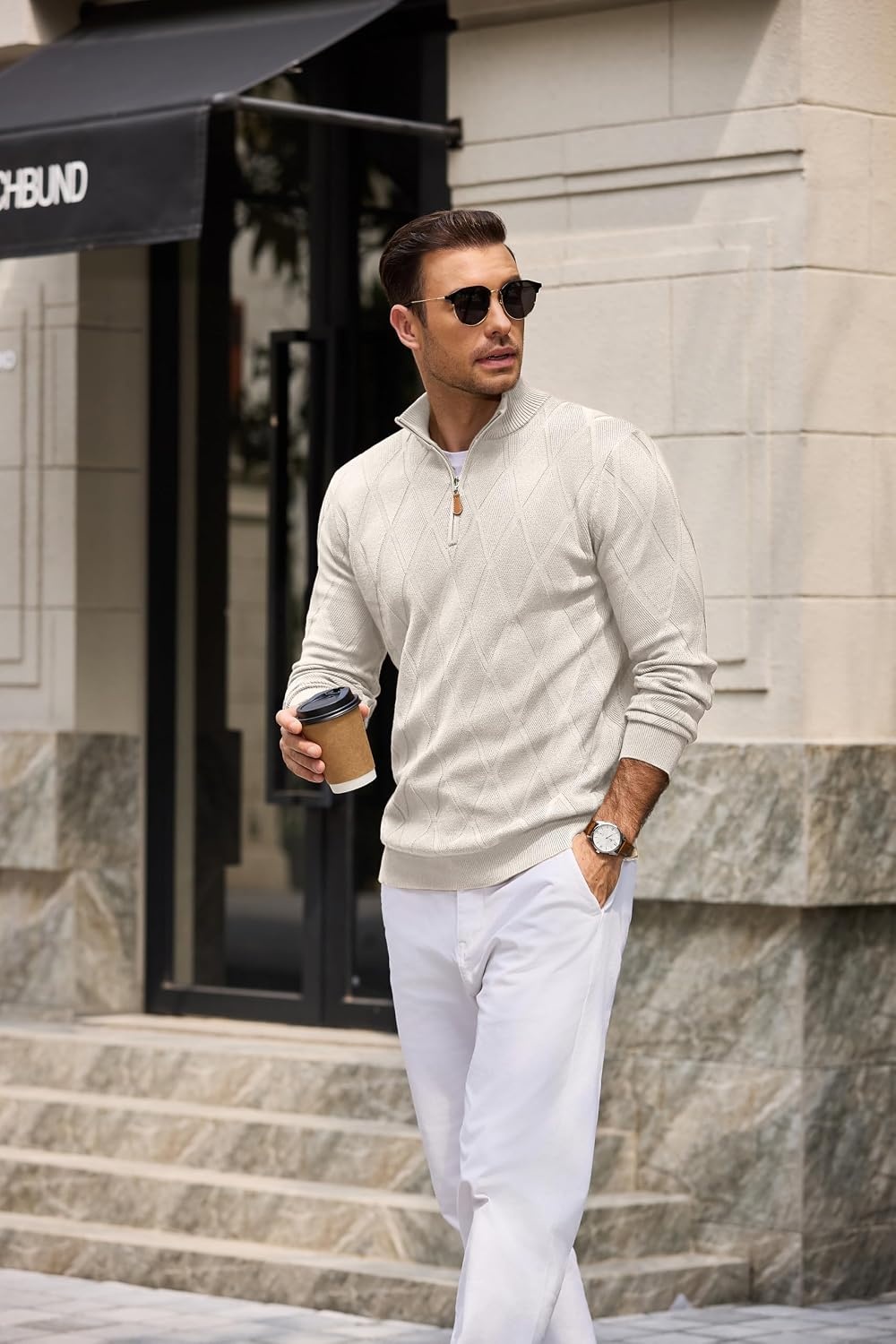 image:imageCOOFANDY Mens Quarter Zip Pullover Sweater Stretch Knit Checked SweaterLight Khaki