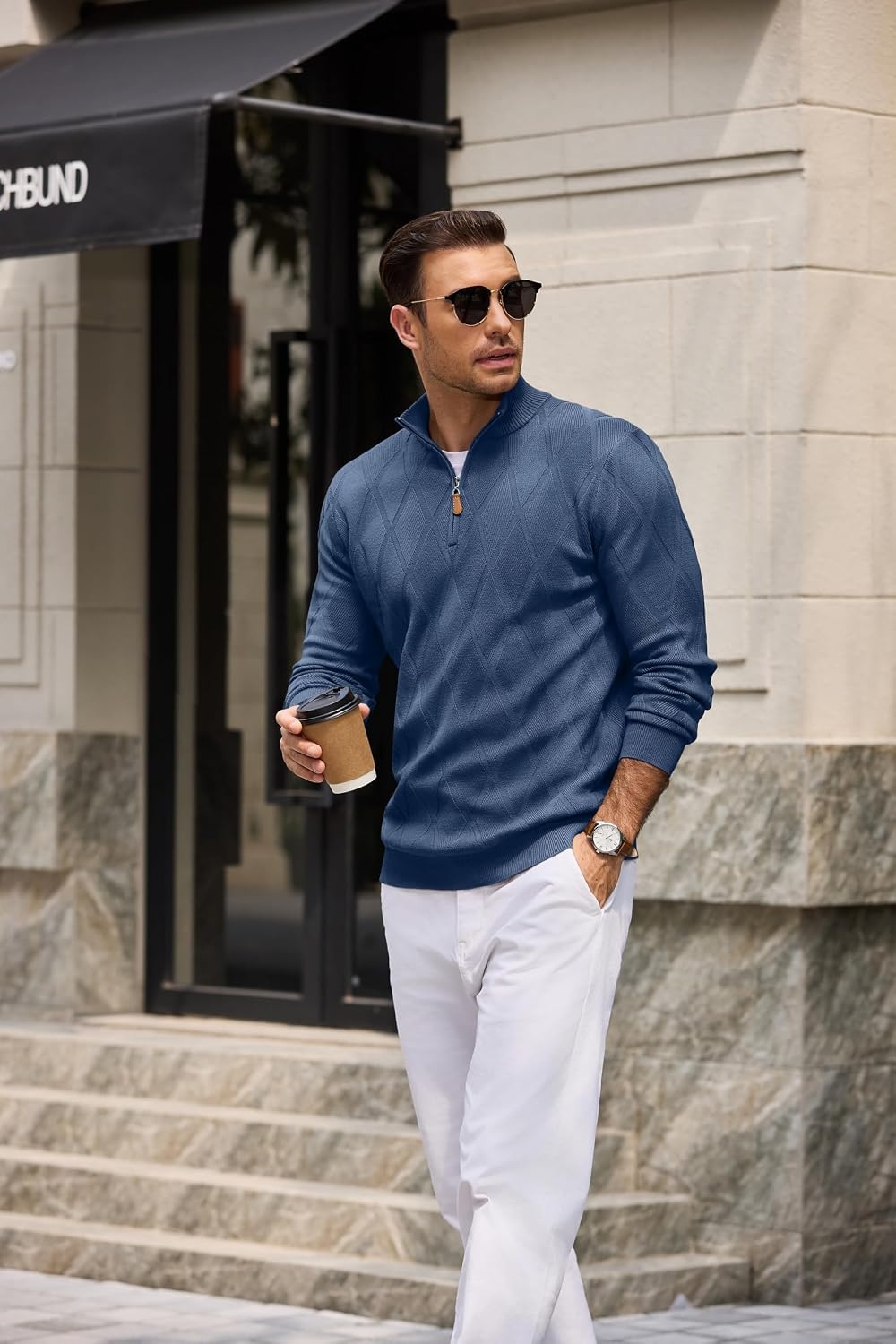 image:imageCOOFANDY Mens Quarter Zip Pullover Sweater Stretch Knit Checked SweaterRegal Blue